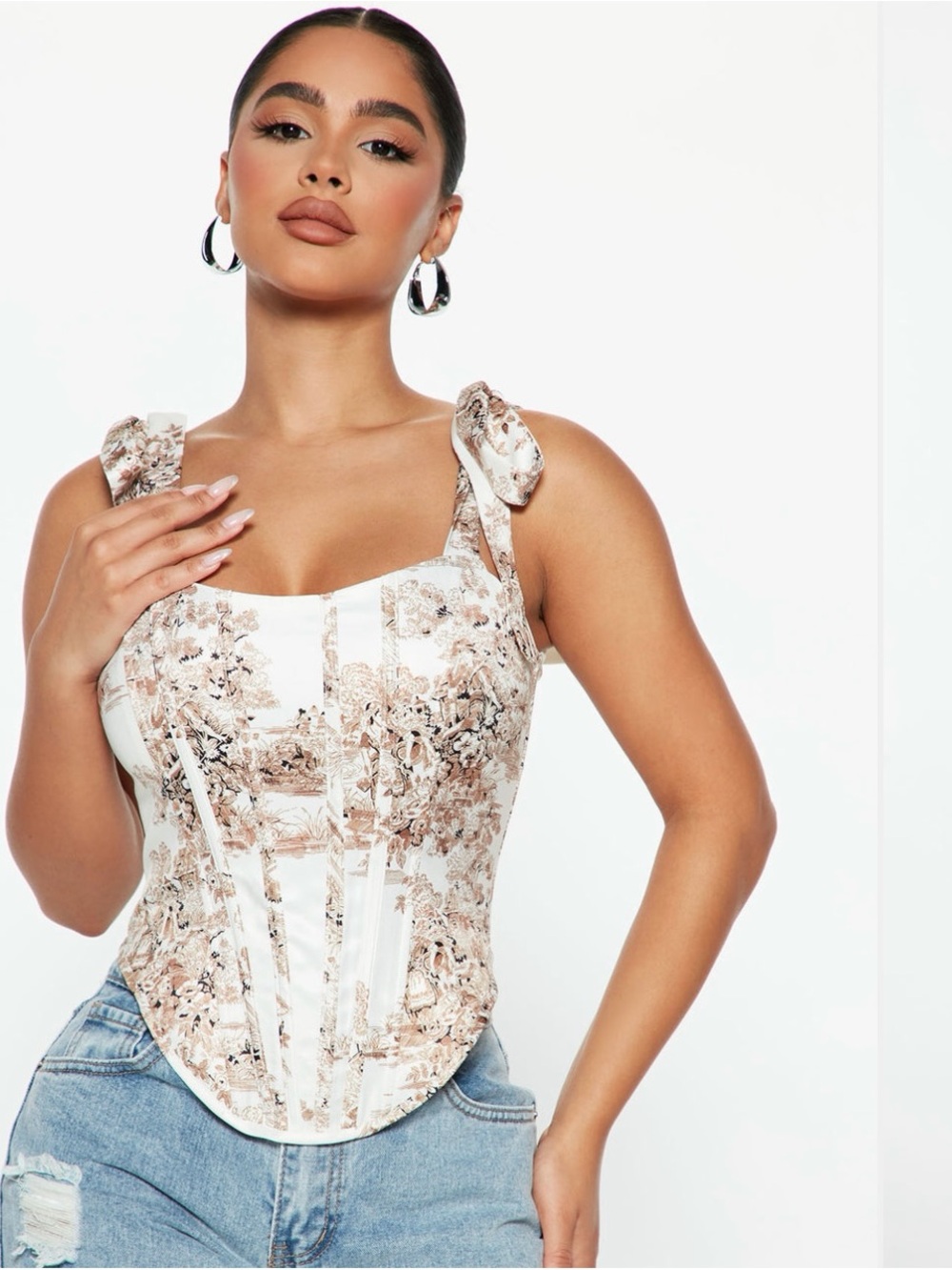 Fashion Nova Cream and Brown Scenic Print Corset - Picture 5 of 5